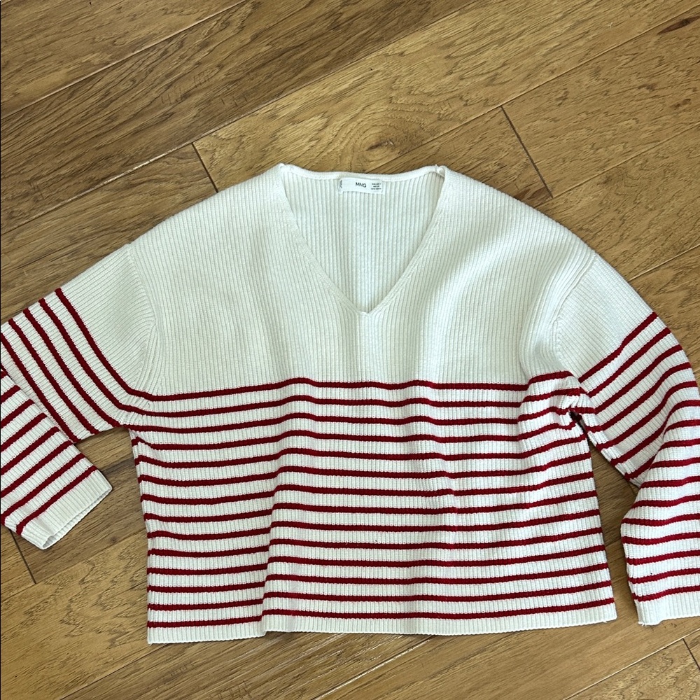 Mango White and Red Striped V-Neck Sweater